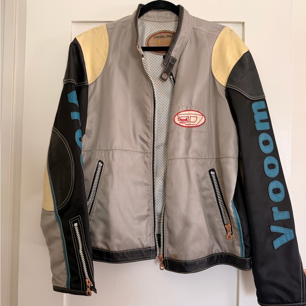 Diesel Gray silver and Black Leather Moto Jacket with Teal 'Vroom' Sleeves